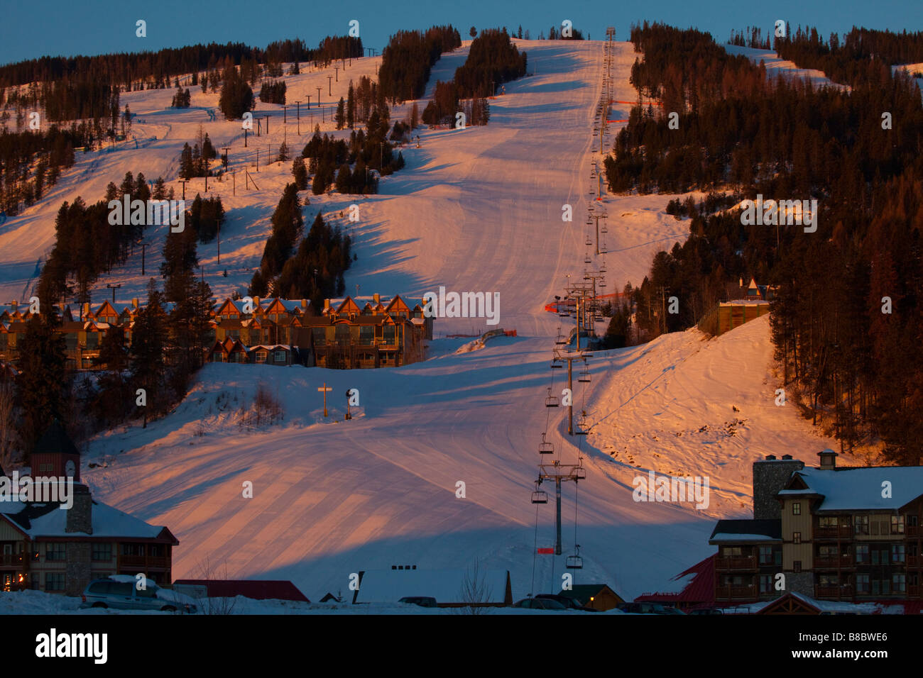 Kimberley Alpine Resort bathed in early morning sun, BC, Canada Stock Photo