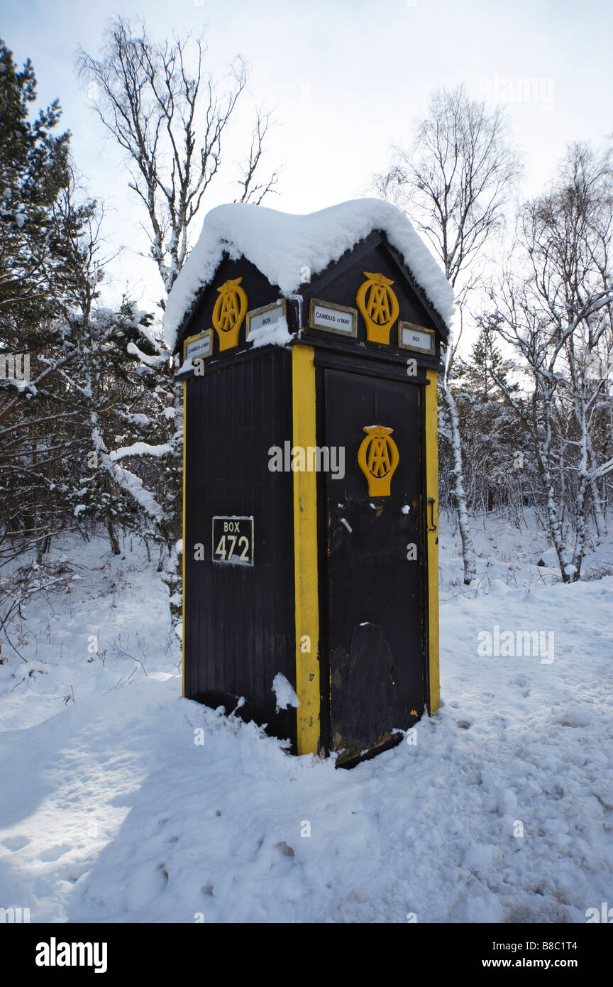 The AA telephone box on the A93 at Cambus o May, Aberdeenshire, Scotland, UK. Stock Photo