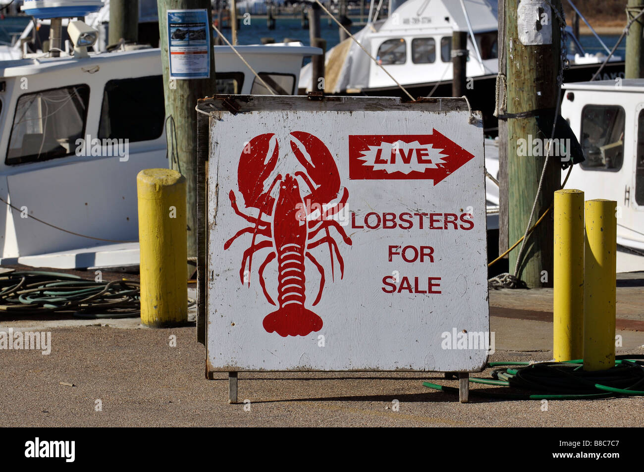 Sign advertising lobsters for sale on dock in Gallilee Rhode Island