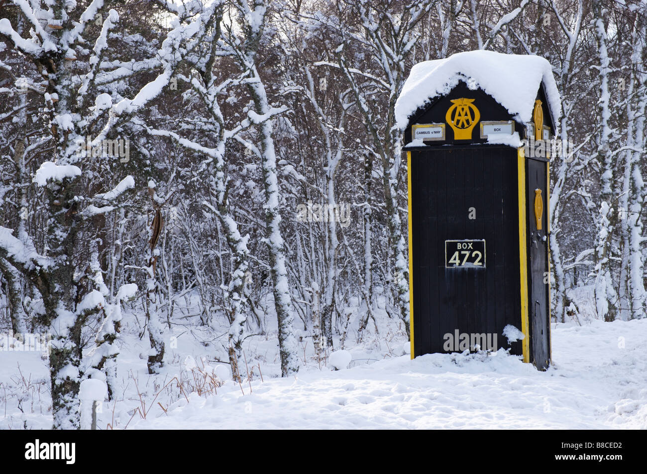 The AA telephone box on the A93 at Cambus o May, Aberdeenshire, Scotland, UK. Stock Photo
