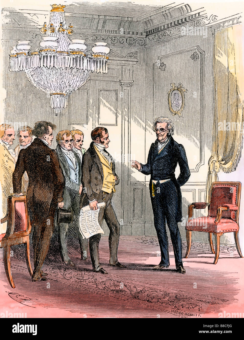 President Andrew Jackson receiving delegates in the White House. Hand-colored woodcut Stock Photo