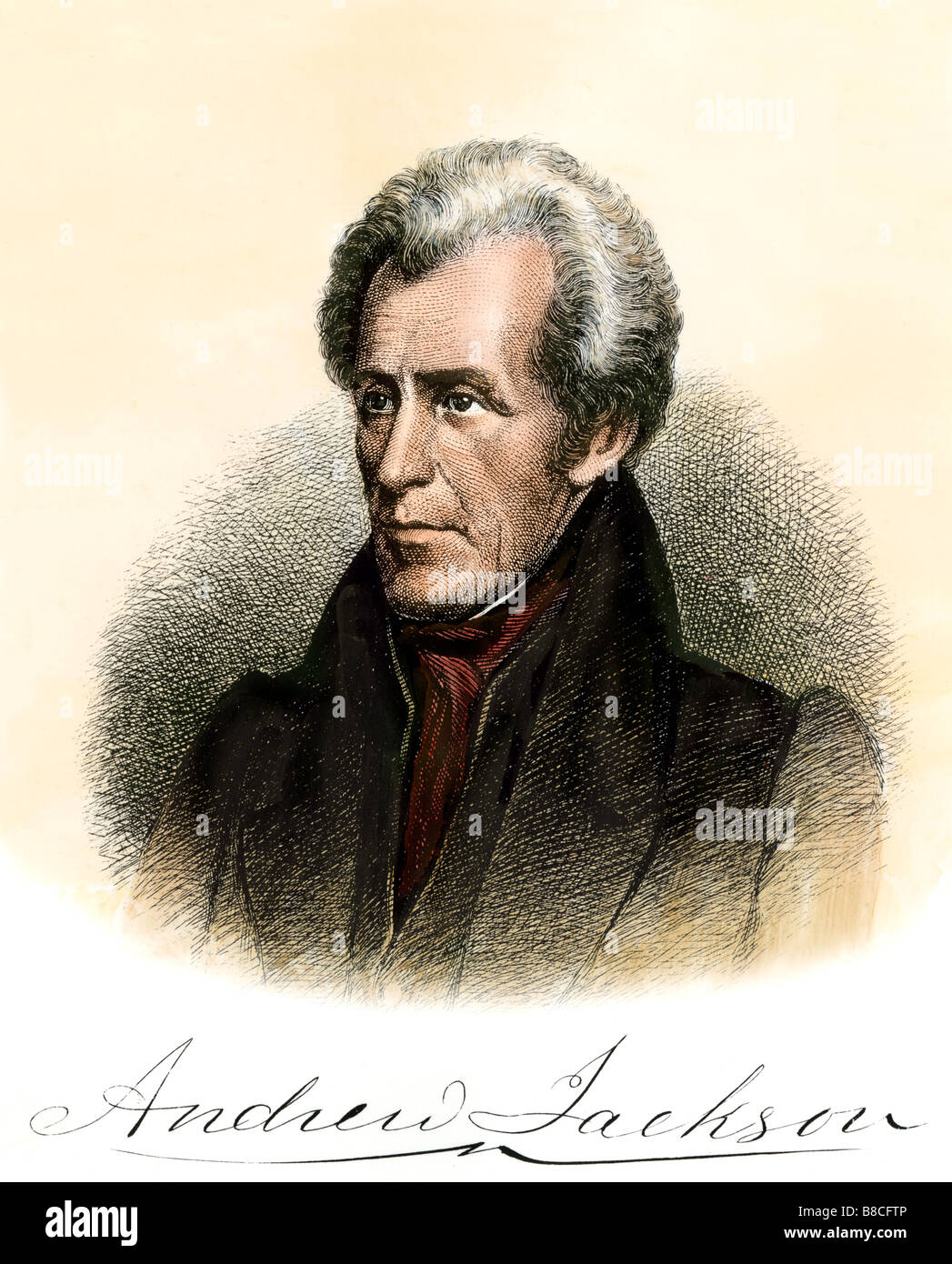 President Andrew Jackson with his autograph. Hand-colored steel engraving Stock Photo