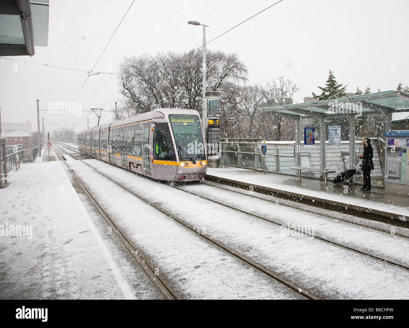 luas tram in the snow Stock Photo