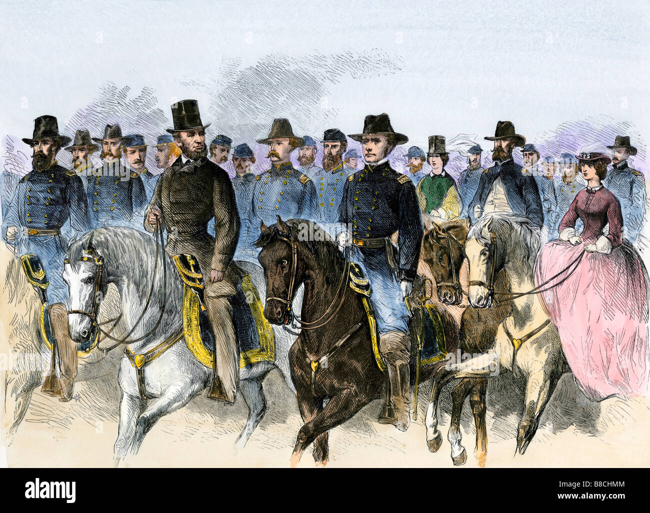 President Lincoln and General Hooker reviewing the Army of the Potomac 1863. Hand-colored woodcut Stock Photo