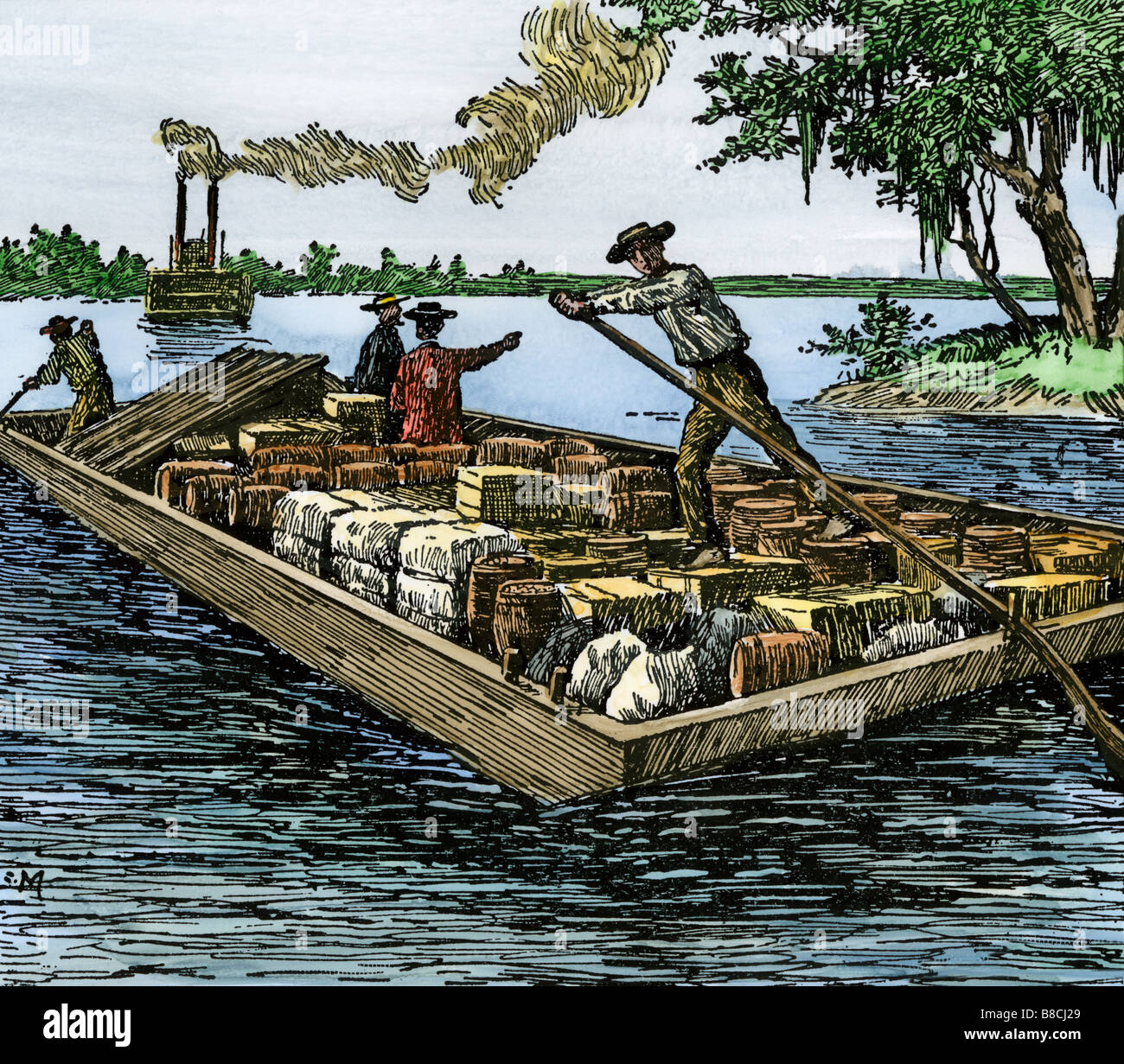 Young Abe Lincoln working on a flatboat on the Ohio River. Hand-colored woodcut Stock Photo