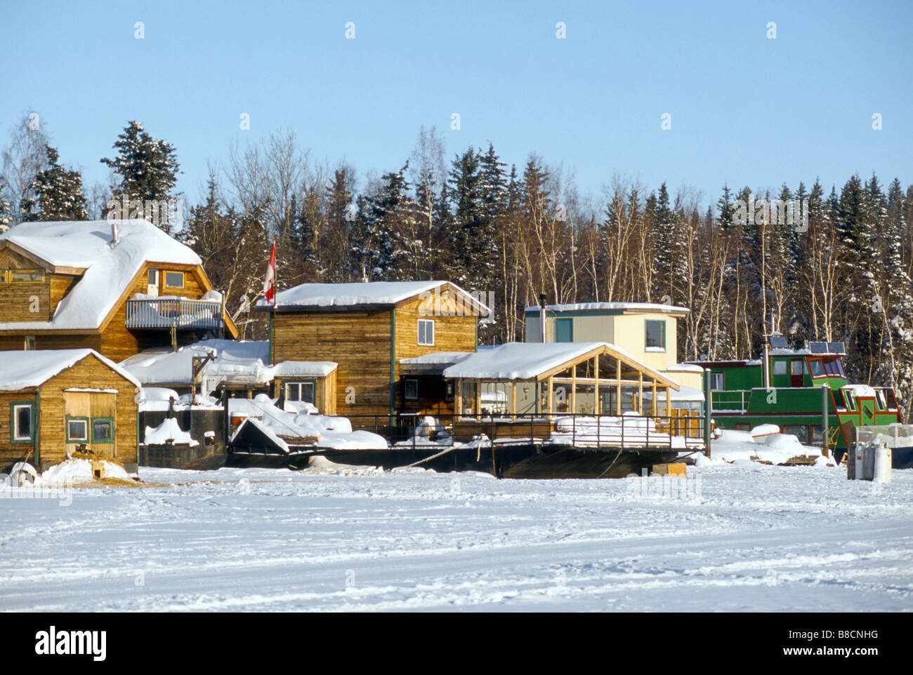 Houseboats Frozen Ice, Yellowknife Bay, Northwest Territories Stock