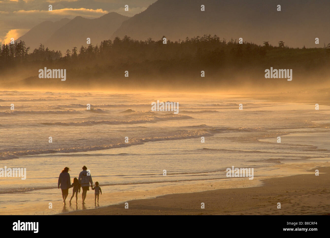 FV0041, Dave Nunuk; Family walking along beach  sunset, Long Beach  sunset, Pacific Rim Nat Park, BC Stock Photo