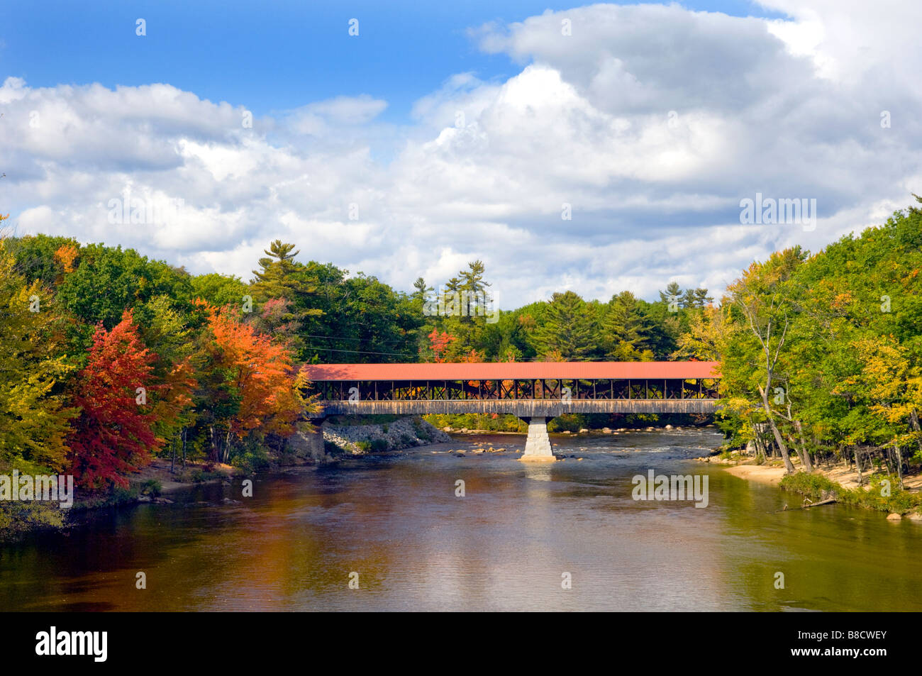 The covered bridge over the Saco River in Conway New Hampshire USA