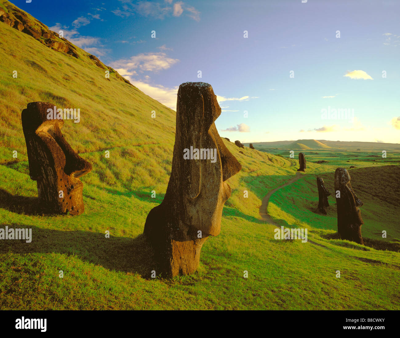 FV1069, Dave Nunuk; Profile  head monuments  dusk  Easter Island, Chile, Moai  Rano Raraku Stock Photo