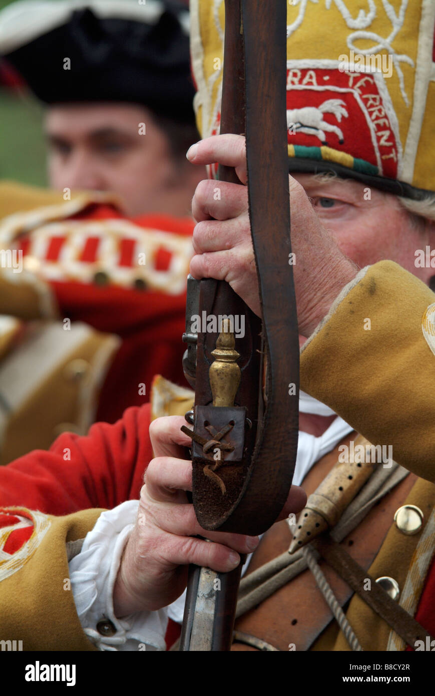 A Grenadier carrying out a drill with his firelock at the 2008 re-enactment of the Battle of Prestonpans. Stock Photo