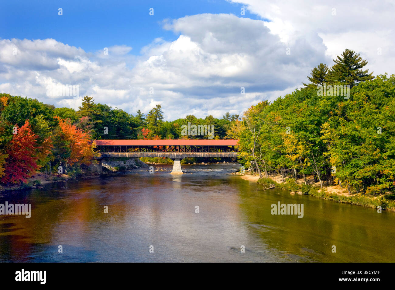The covered bridge over the Saco River in Conway New Hampshire USA