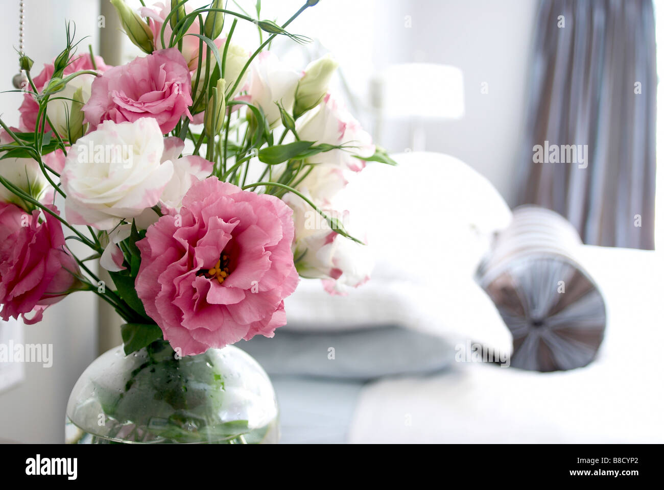 Pink White Lisianthus Flowers Bedside Table Stock Photo Alamy
