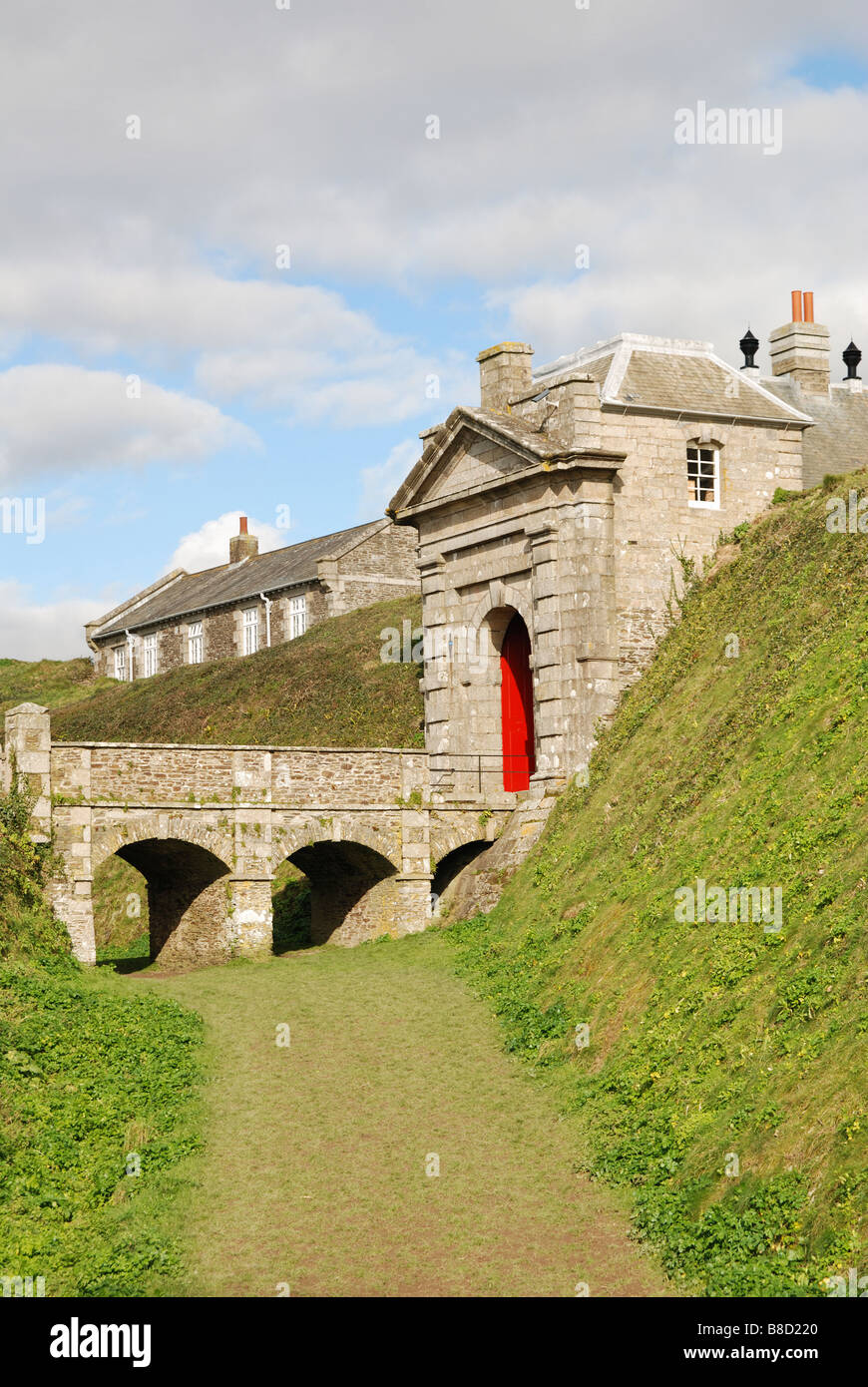 the old moat and bridge at the entrance to pendennis castle, falmouth