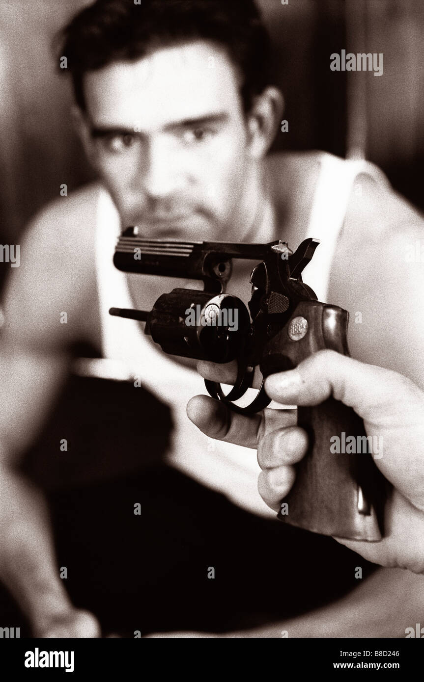 FV3043, Malek Chamoun; BW Worried Man, Gun eground Stock Photo
