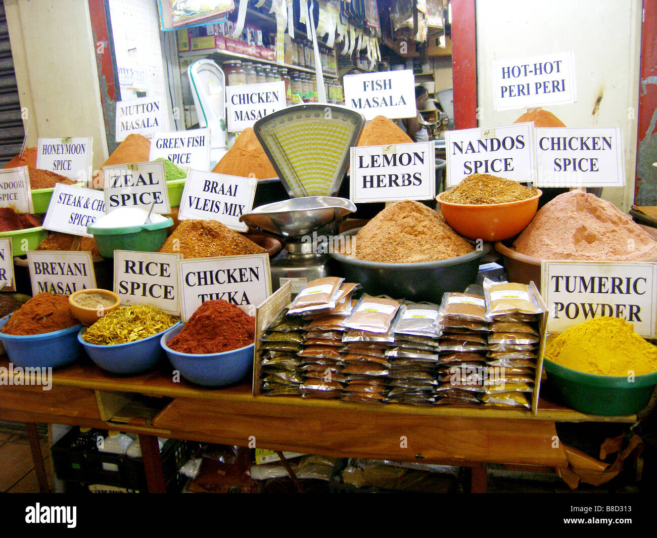 Hot currie spices for sale at the Indian Market in Durban South Africa