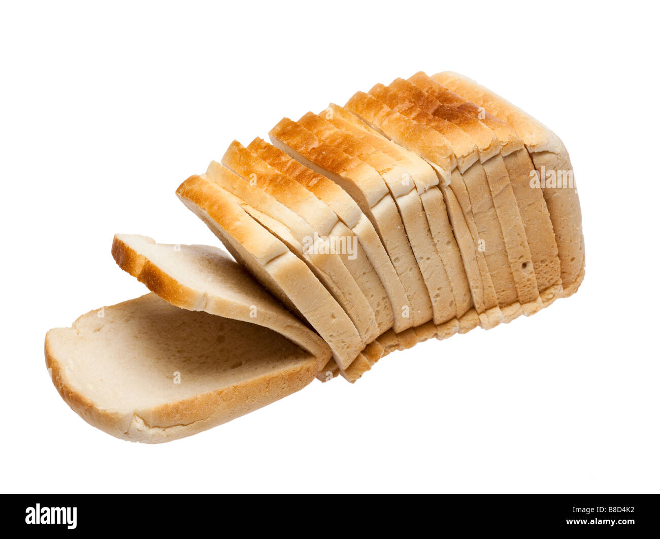 Loaf of sliced white bread on white Stock Photo