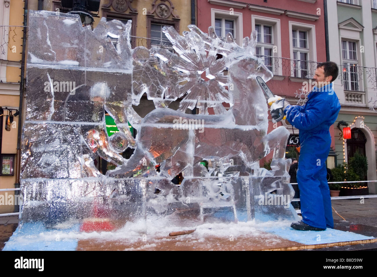 Ice sculpture competition, Poznan Old Market Square, Poland Stock Photo