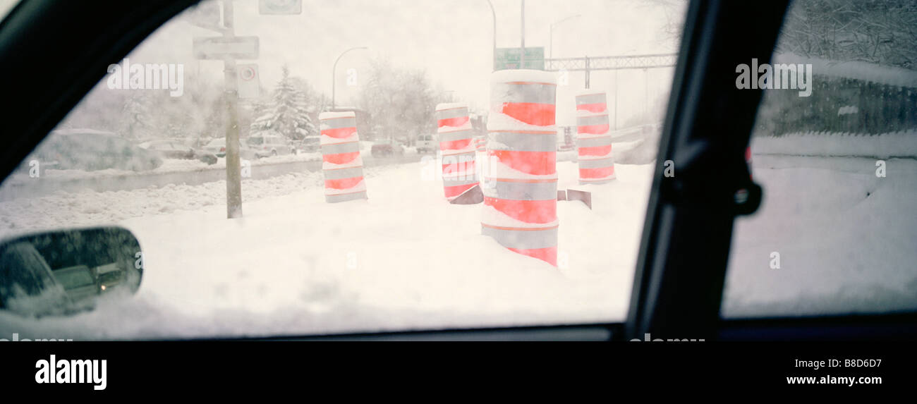 Traffic Pylons from Car Window Snow Storm, Montreal, Quebec Stock Photo
