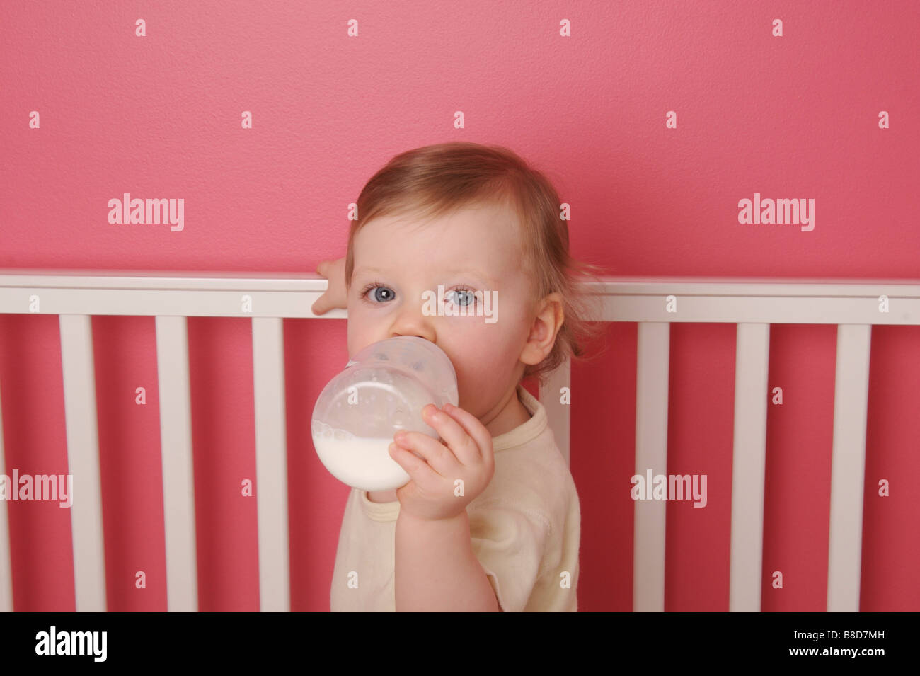 Year Old Baby Girl Crib Bottle Stock Photo Alamy