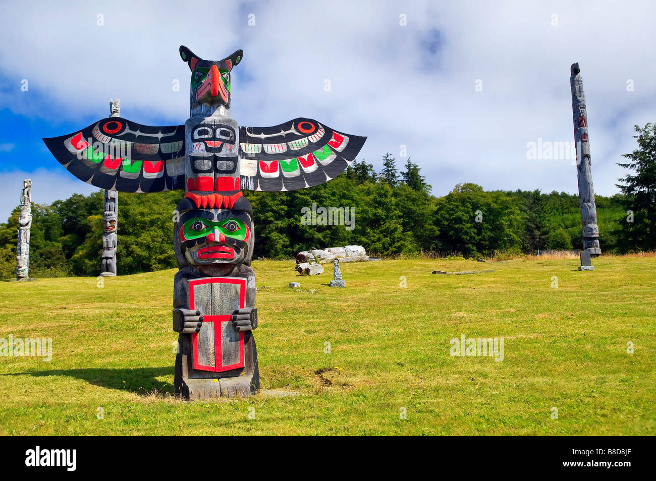 Totem poles in Alert Bay, Cormorant Island, British Columbia, Canada
