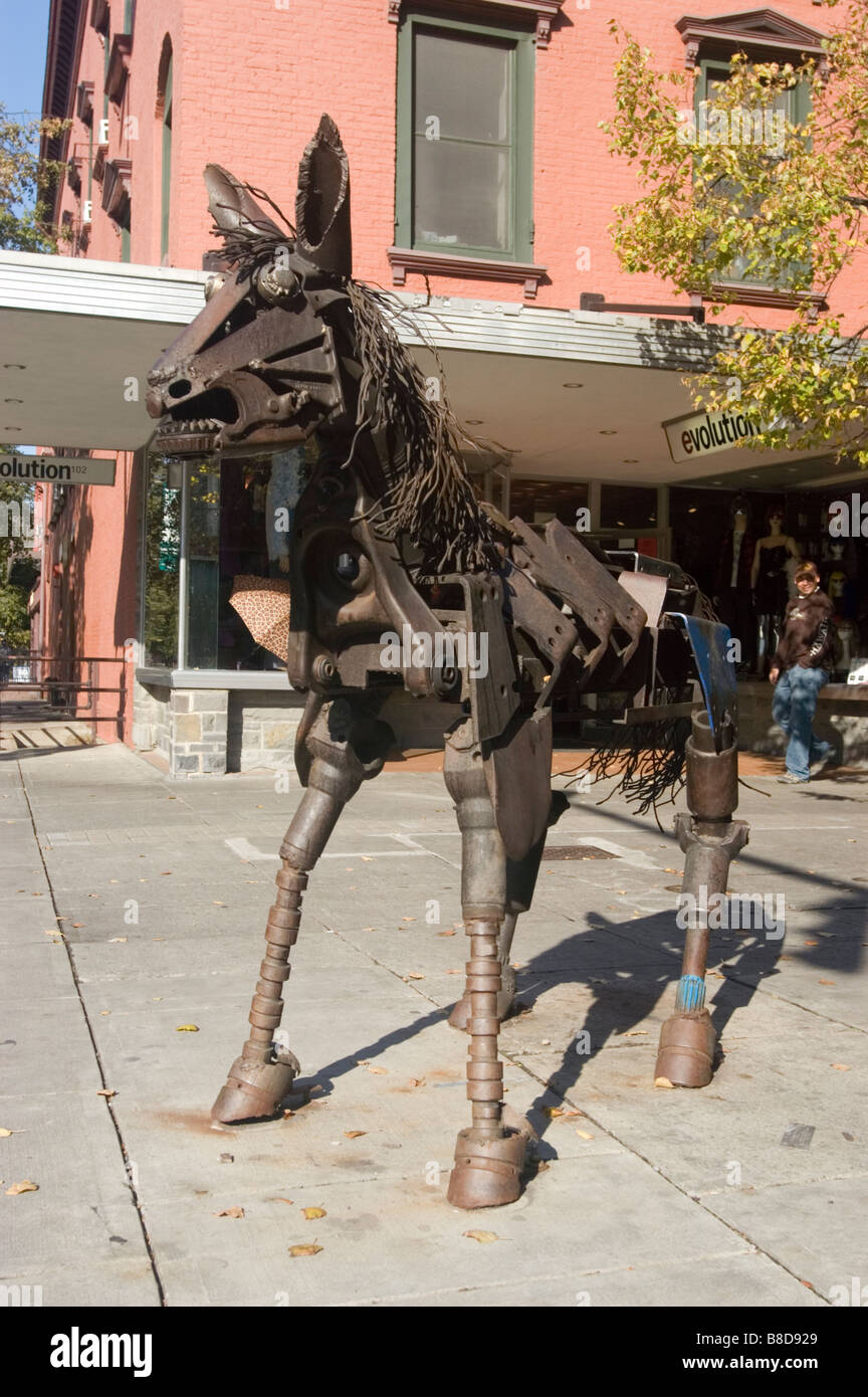 Iron horse sculpture on The Commons market, Ithaca, NY, USA Stock Photo