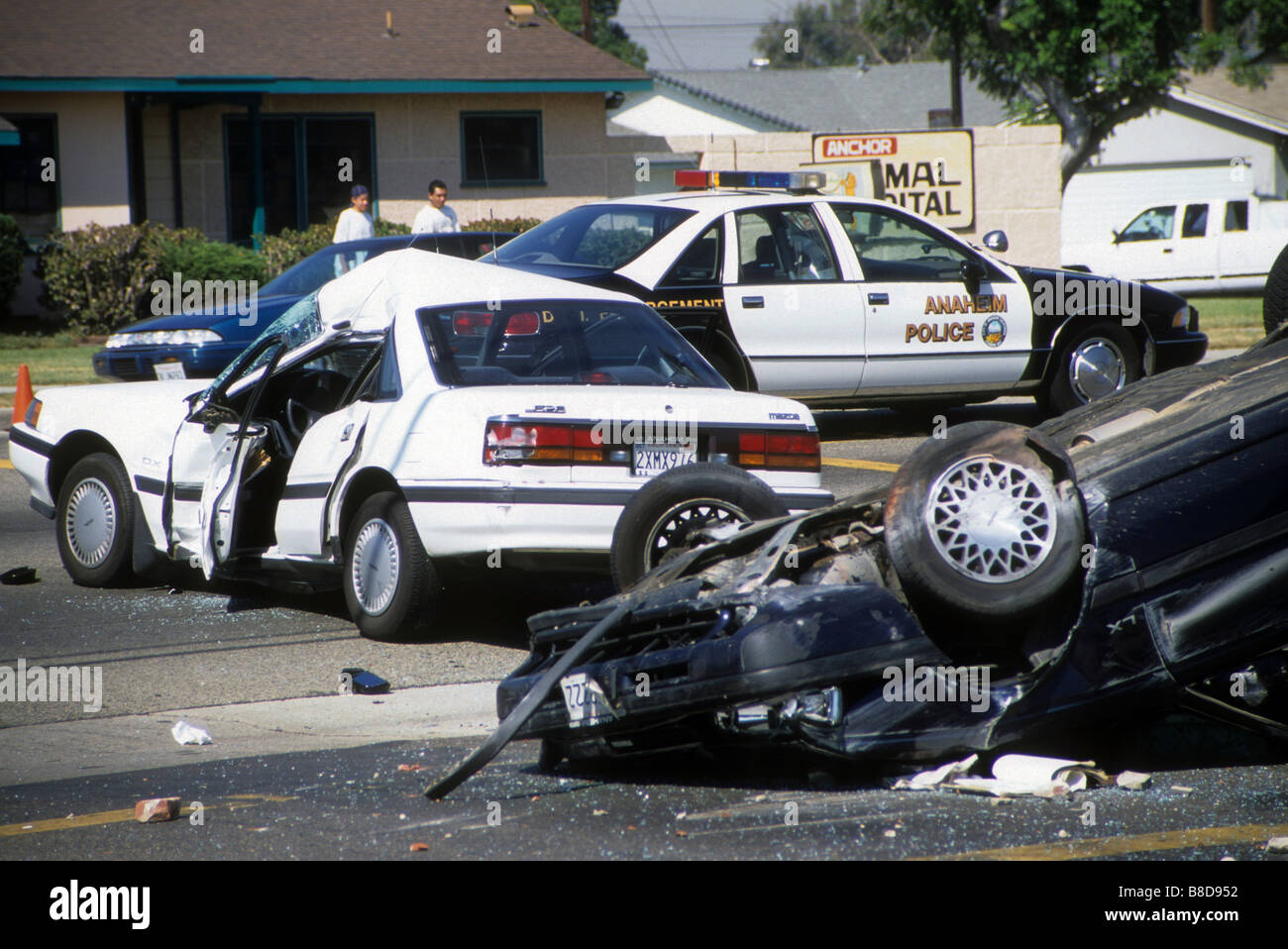 Cars litter the street after severe accident in Anaheim California Stock Photo