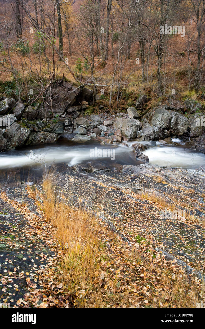 A fast flowing river surrounded by autumnal colour in the Highlands of Scotland. Stock Photo