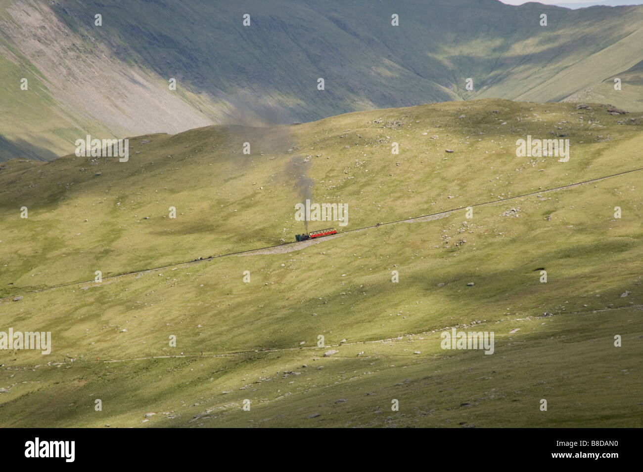 Snowdon Mountain railway and train from the Snowdon Ranger path up