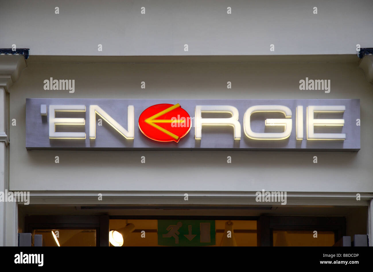 The shop sign above the Energie men & women's clothing shop, Covent Garden, London. Jan 2009 Stock Photo