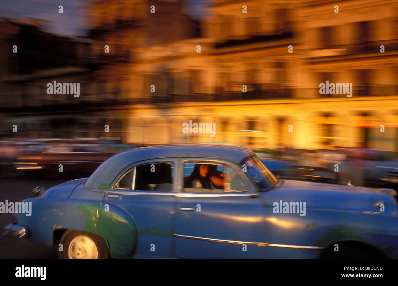 old car in motion, Havana, Cuba Stock Photo