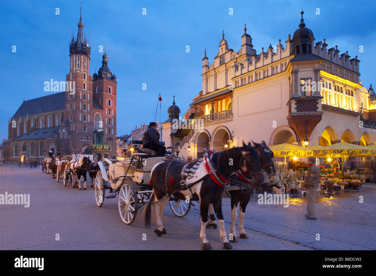 horse and carriage in front of the Church of St Mary and Cloth Hall in the Main Market Square Rynek Glowny Krakow Cracow Poland Stock Photo
