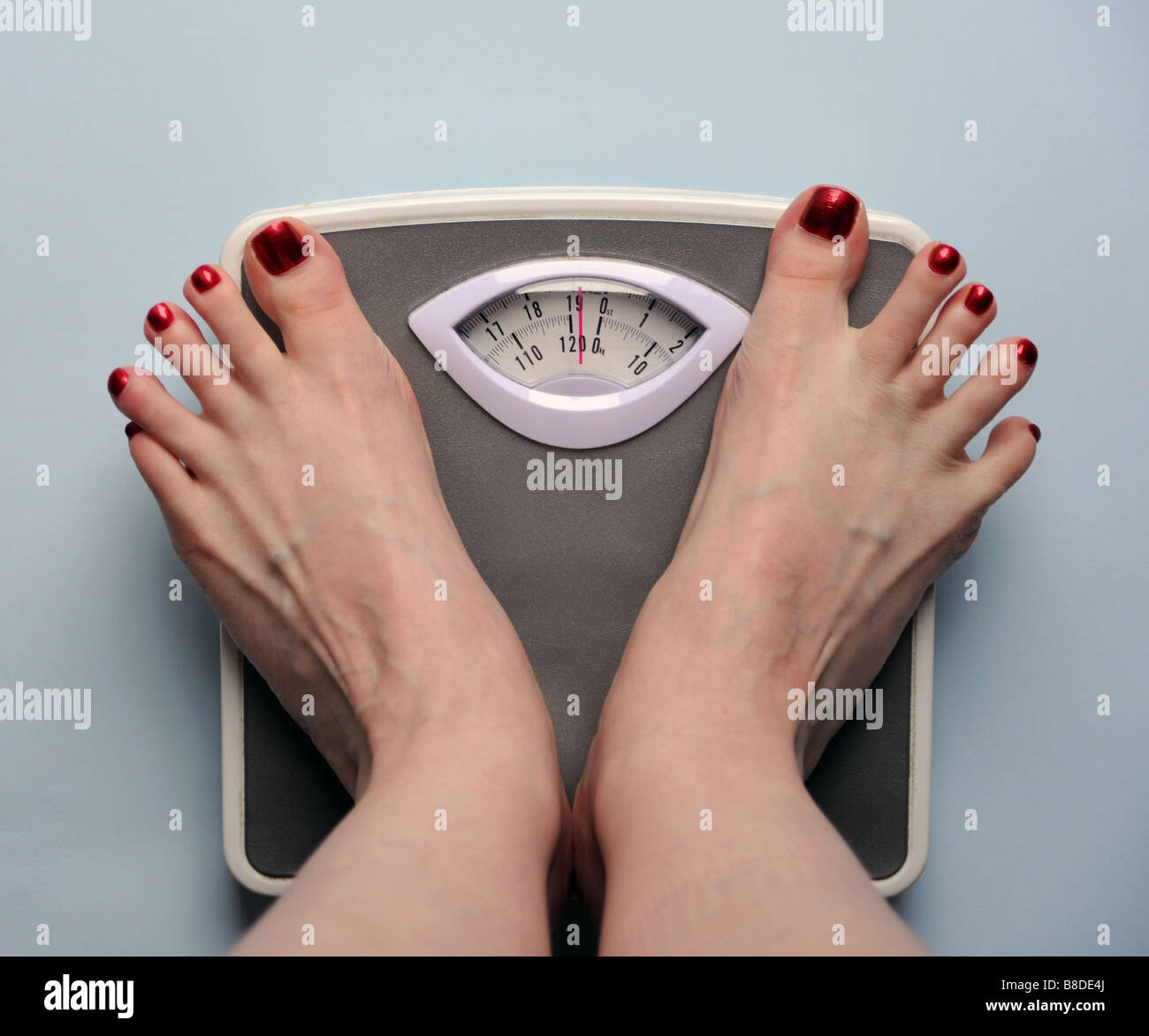 Feet on scales showing shock and horror Stock Photo