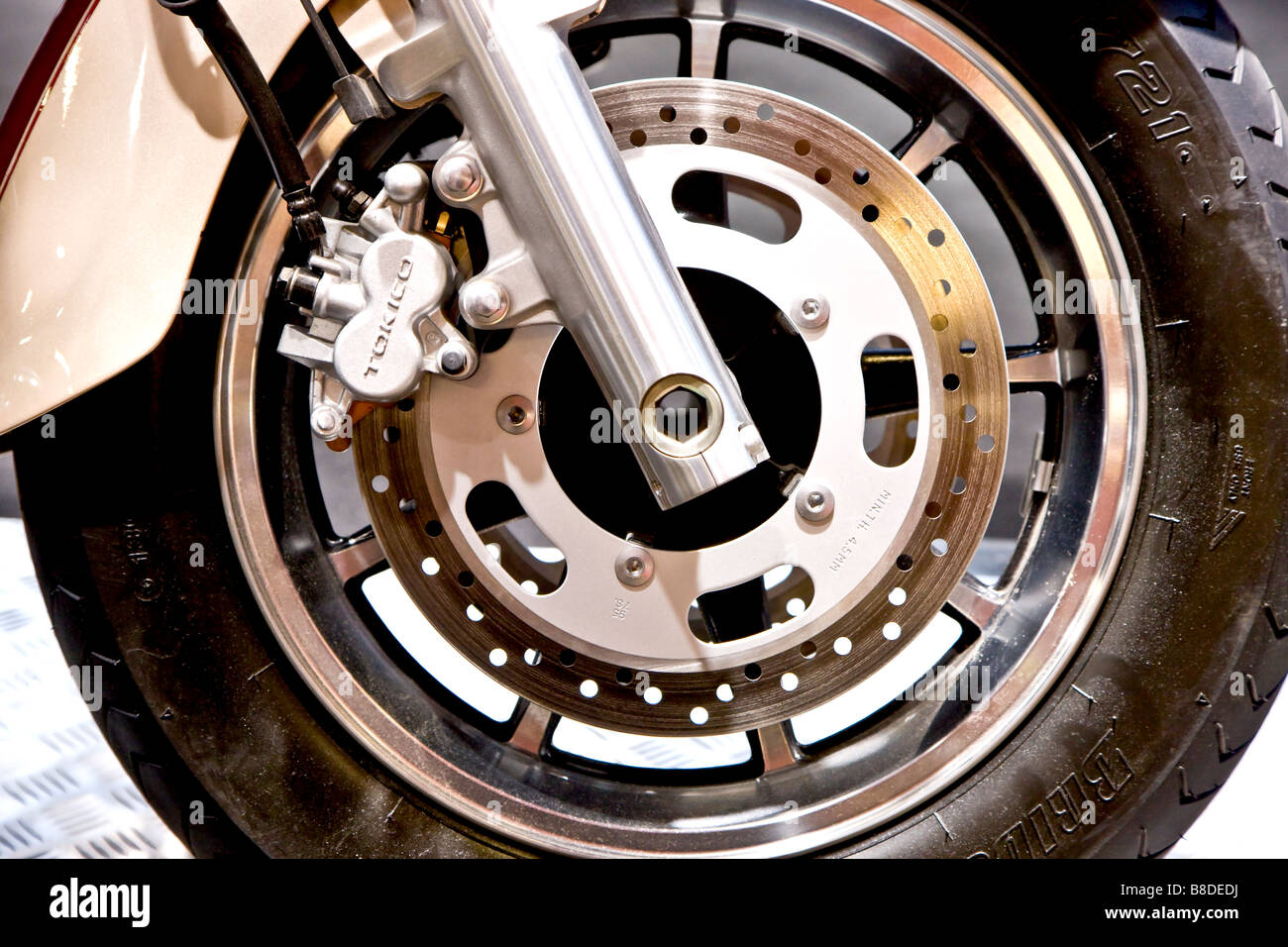 Motor bike front wheel Stock Photo