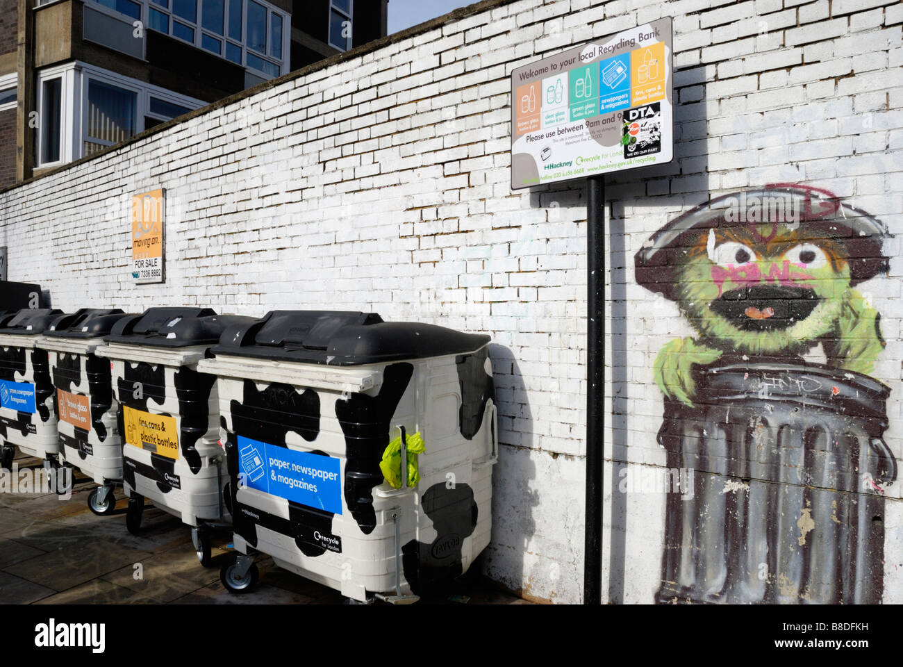 Hackney Borough Council recycling bins and mural painting of green