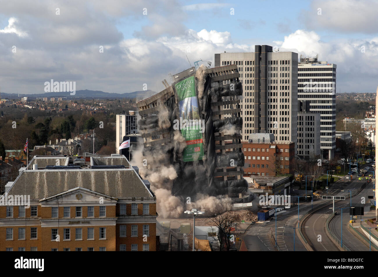 Fiveways Birmingham demolition of Edgbaston Shopping Centre and offices with explosives Stock Photo