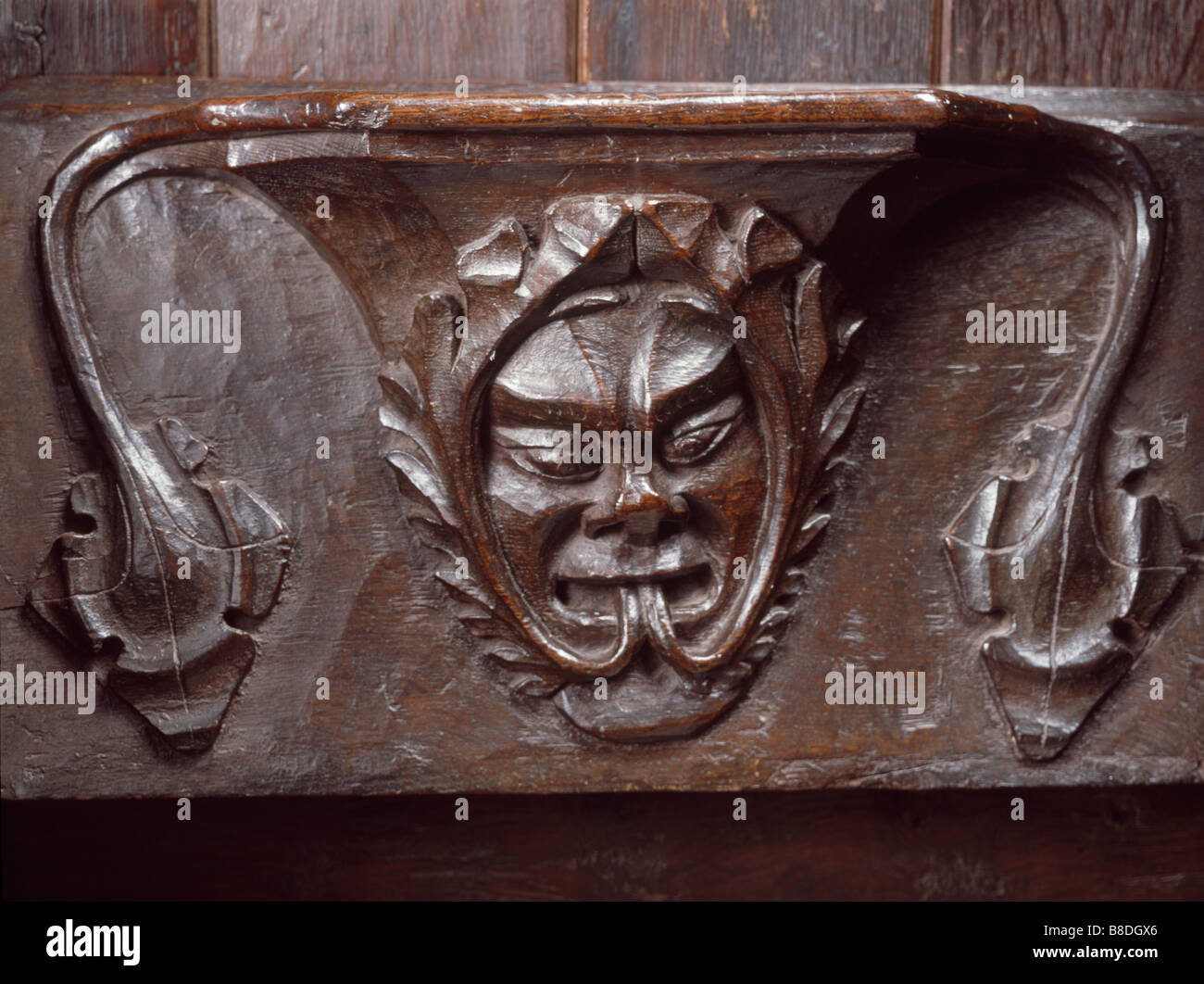 Hexham Abbey  Misericord 'Green Man' Stock Photo