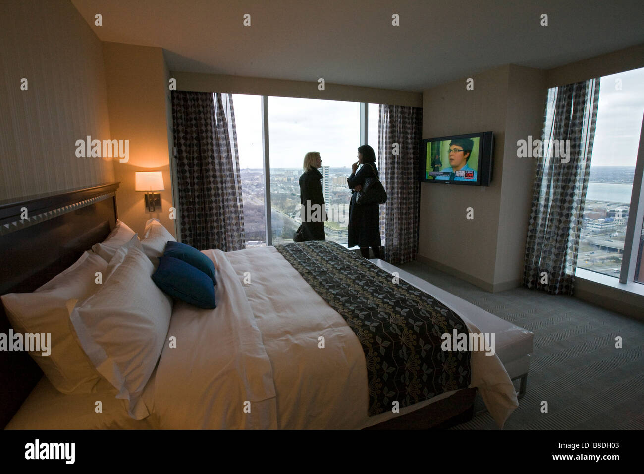Detroit Michigan Two women talk in the bedroom of a suite in the hotel at the Greektown Casino