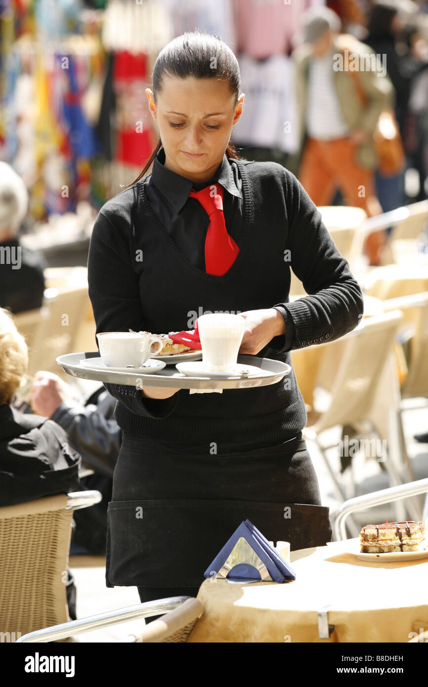 Pavement Restaurant, Waitress, Piazza del Campo, Siena, Tuscany, Italy Stock Photo