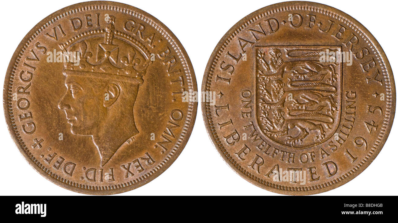 George VI coin of 1945. Island of Jersey. One Twelfth of a Shilling. 'Liberated 1945' Stock Photo