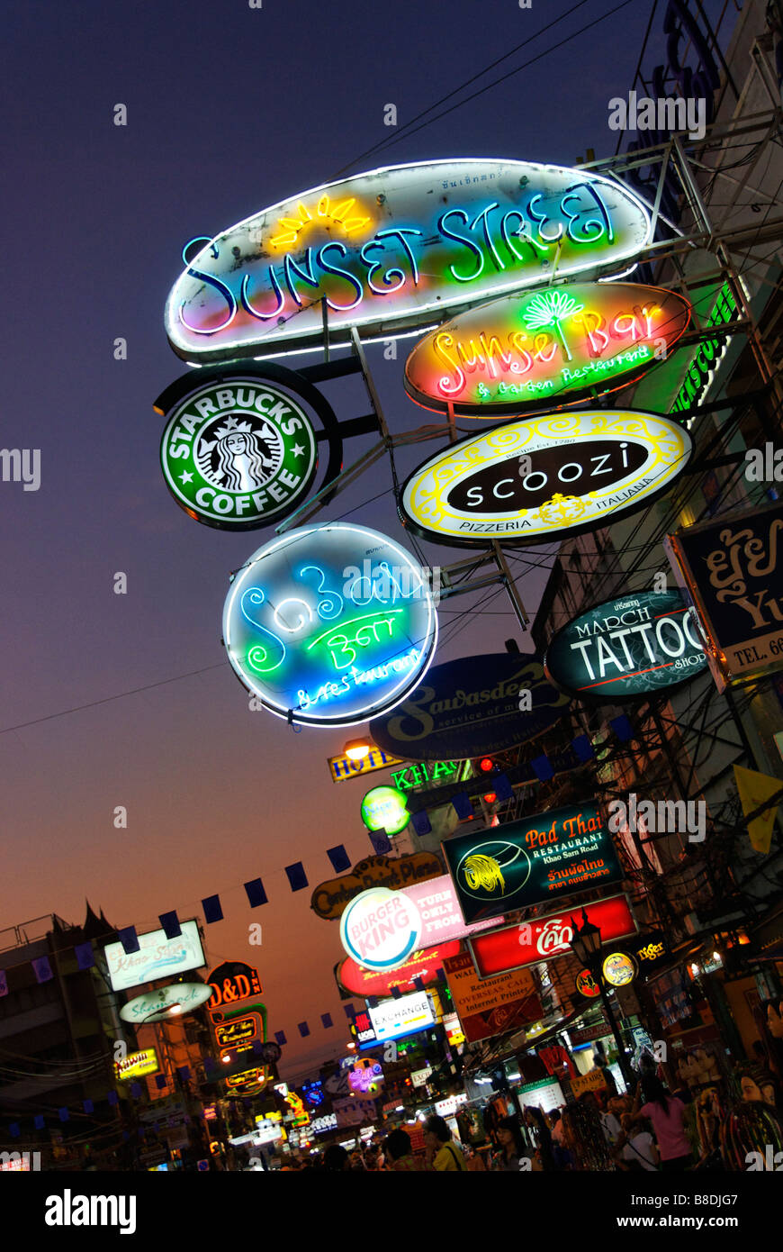 Neon bar signs along Khao San Road in Bangkok Thailand Stock Photo