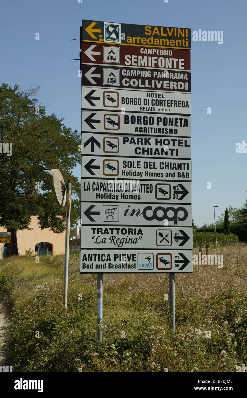 An Italian town information sign showing local places such as Hotels Restaurants and camp sites designed for visitors to the town Stock Photo