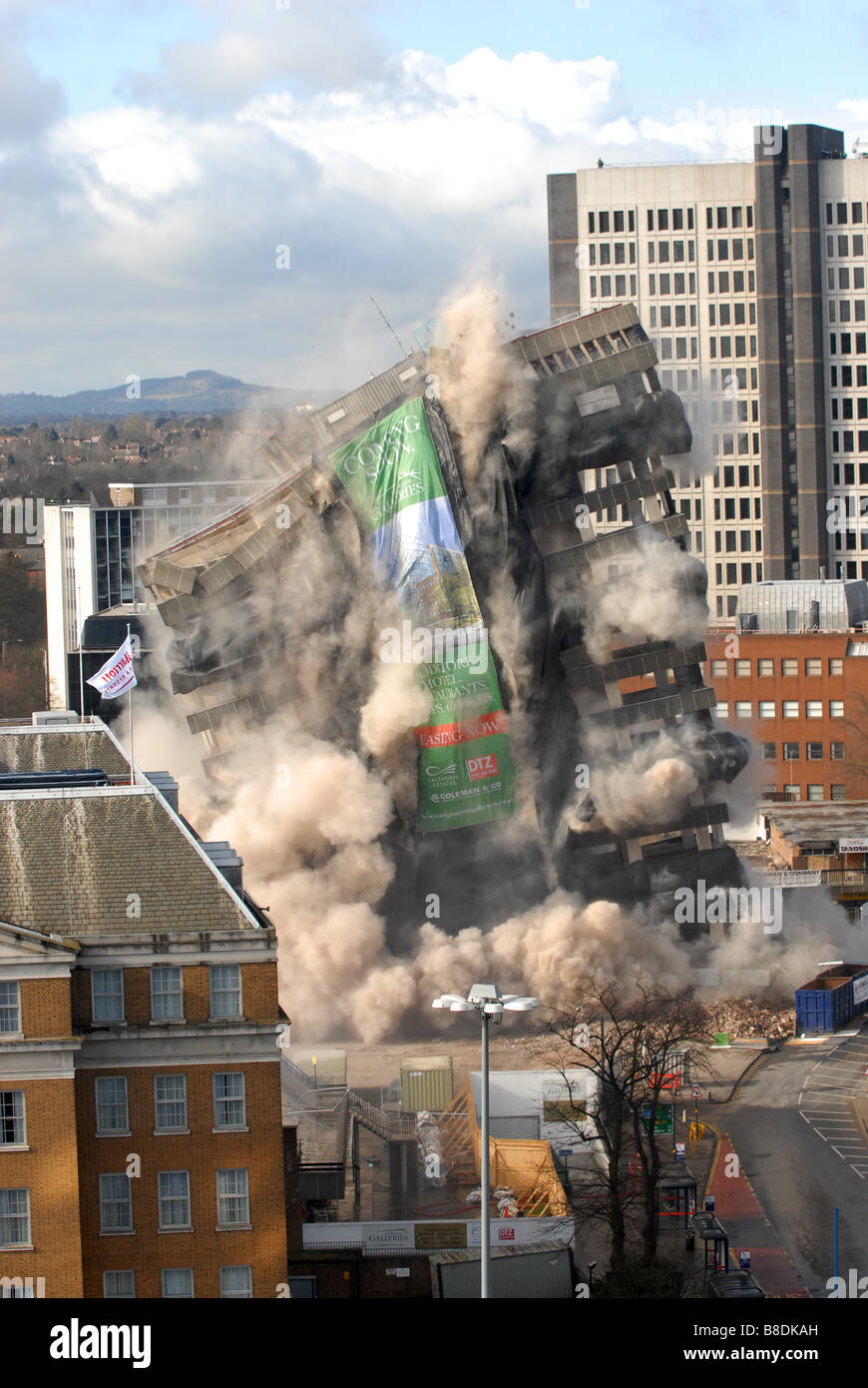 Fiveways Birmingham demolition of Edgbaston Shopping Centre and offices with explosives Stock Photo