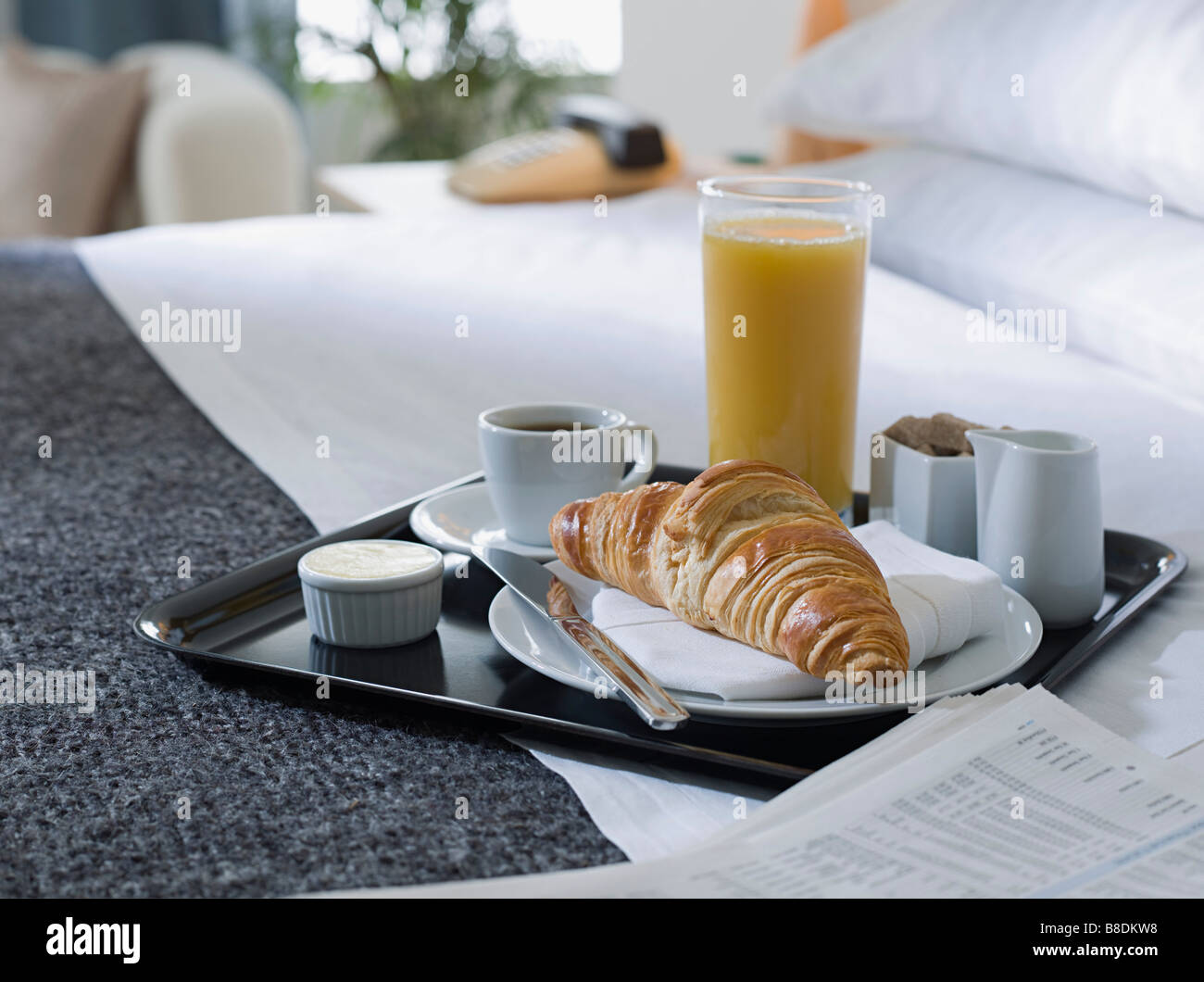 Breakfast tray on a hotel bed Stock Photo Alamy
