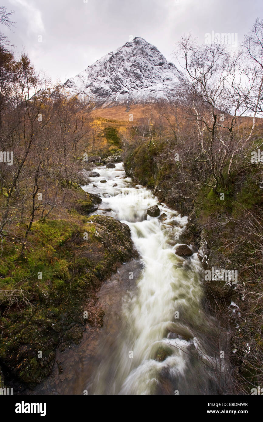 An Autumnal Scottish landscape of a snow covered Buachaille Etive Mor in Glen Coe, Scottish Highlands. Stock Photo