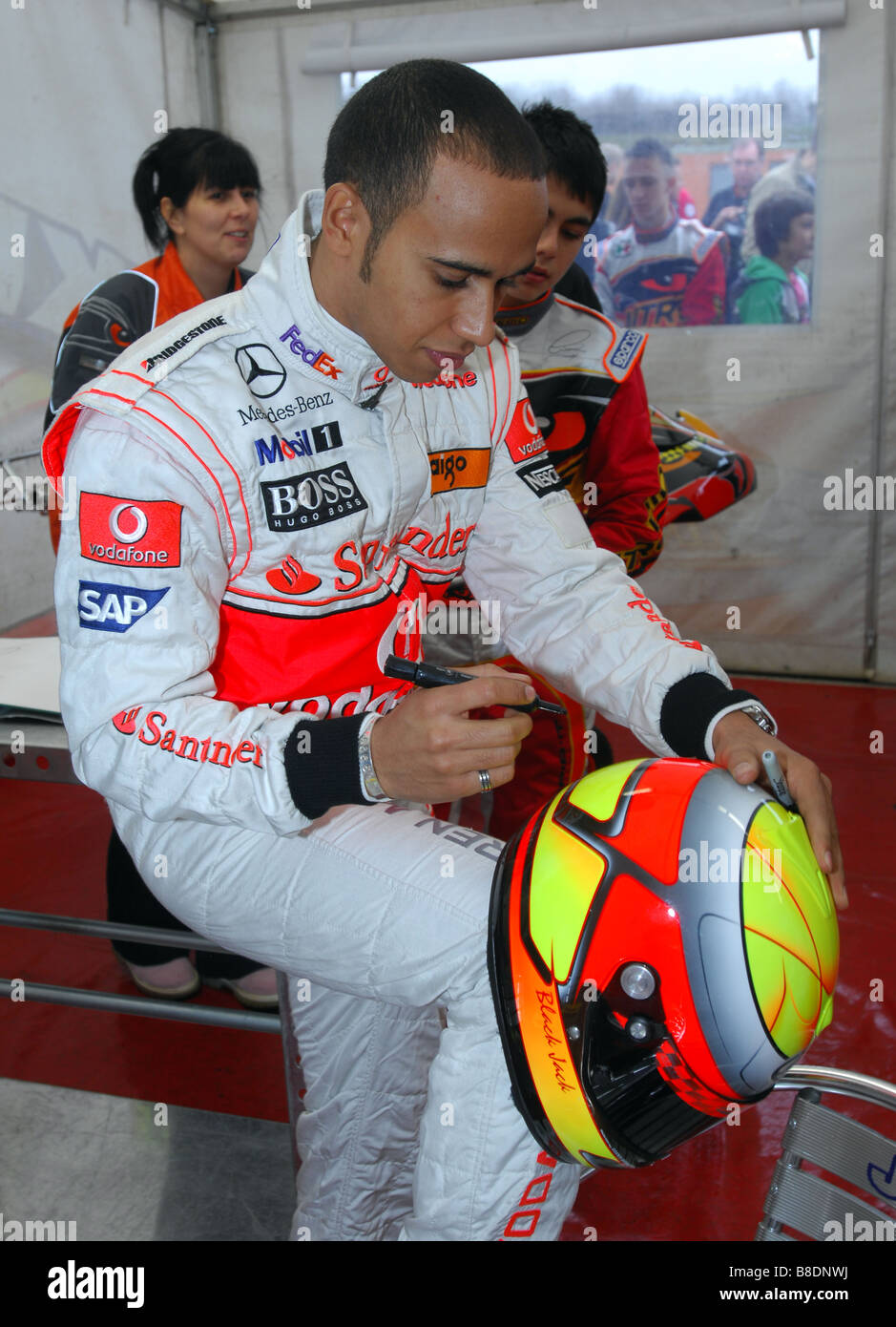 Lewis Hamilton going back to his karting roots. Stock Photo