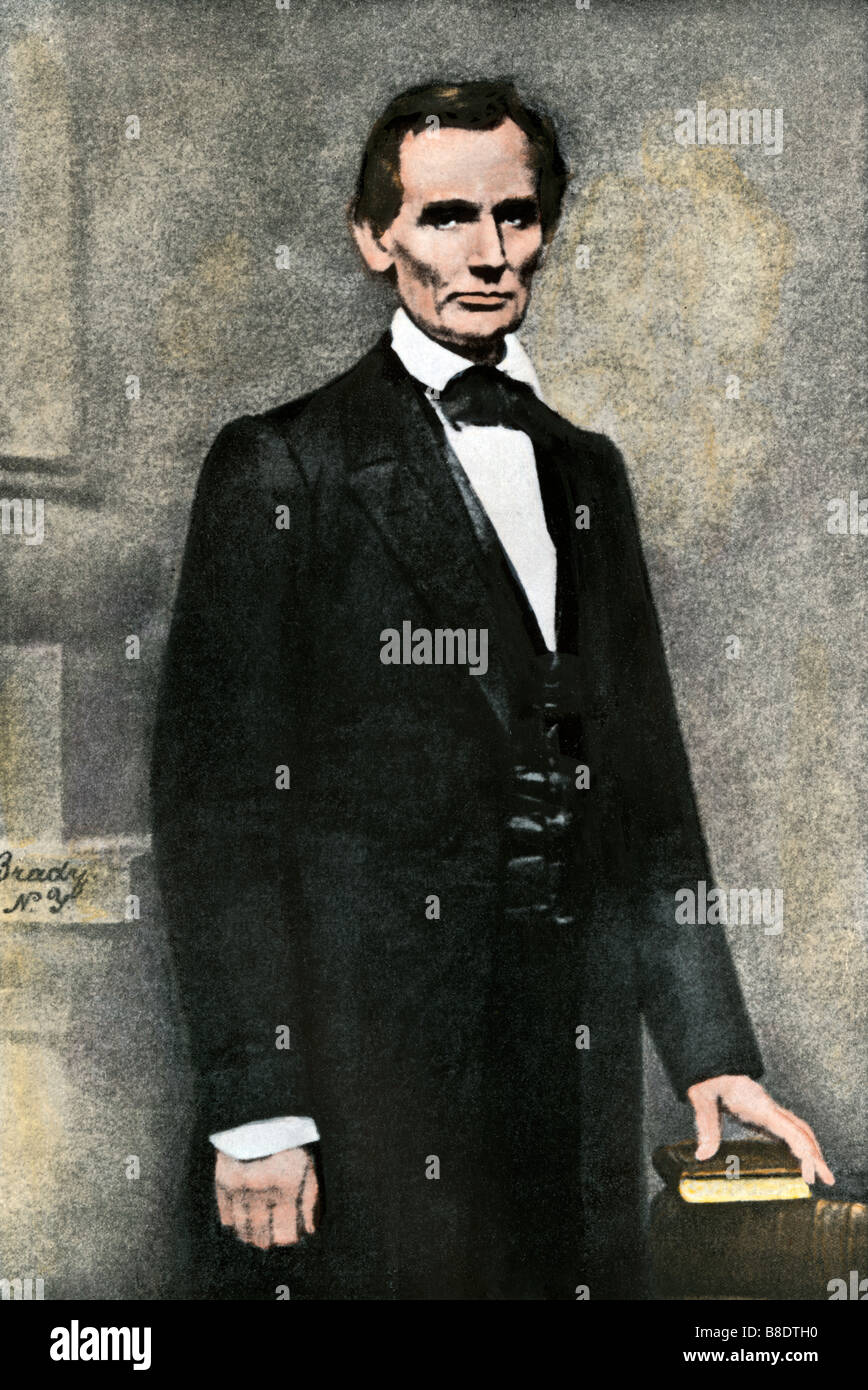 President Abraham Lincoln standing. Handcolored halftone of a Brady