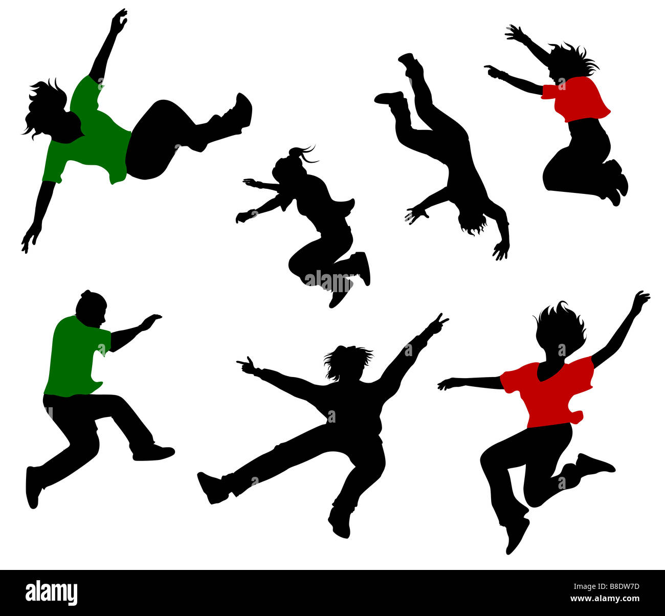 Silhouettes of seven jumping and fallen people Stock Photo
