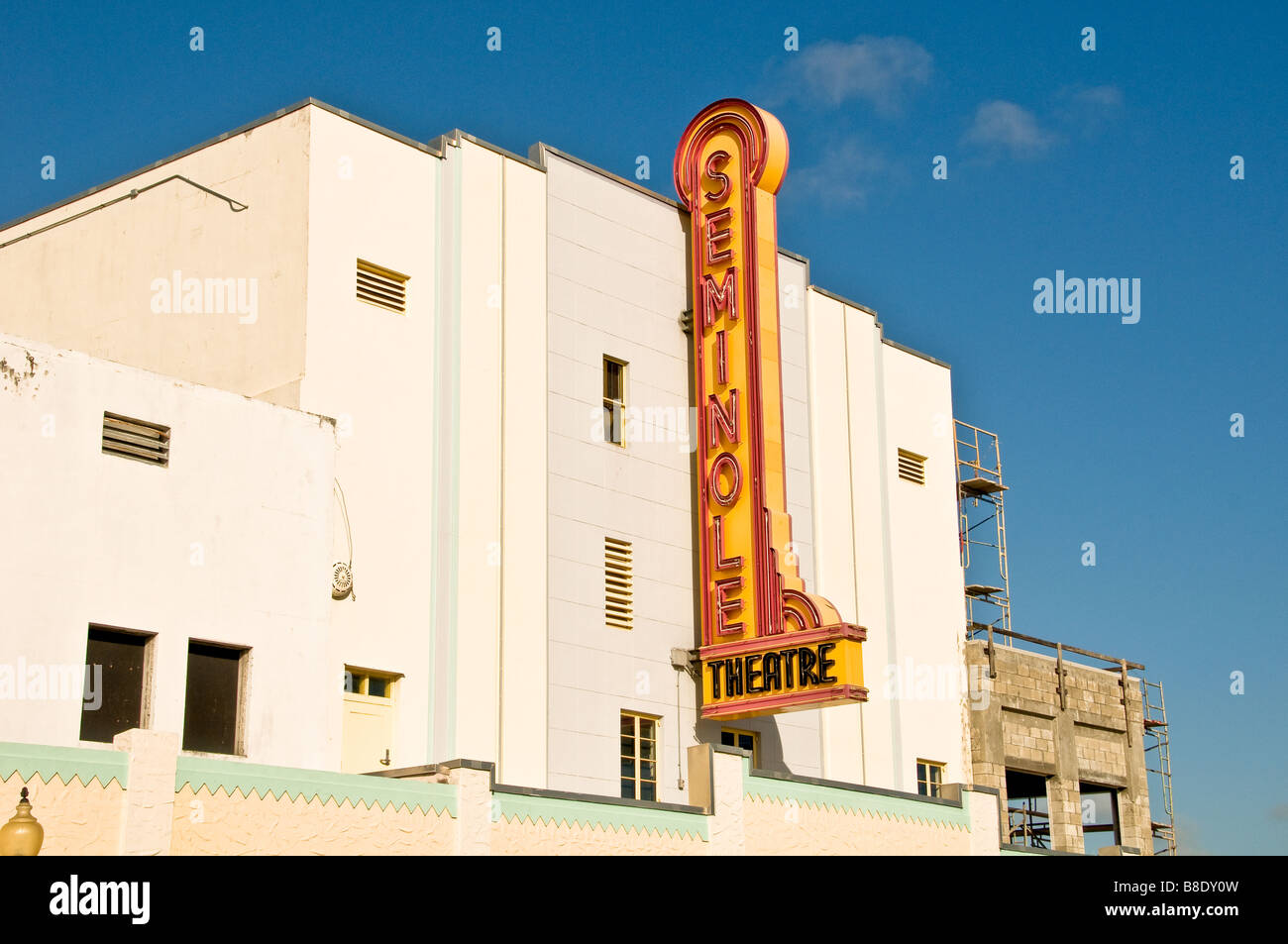 Art Deco building Homestead Fl Florida old Seminole red yellow movie
