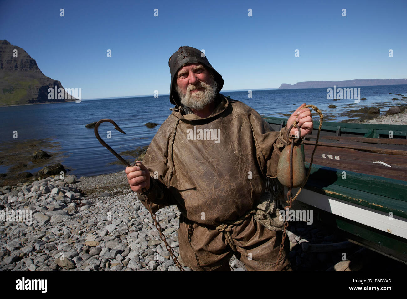 Fisherman in old gear, Bolungarvik town, West Fjords, Iceland Stock Photo