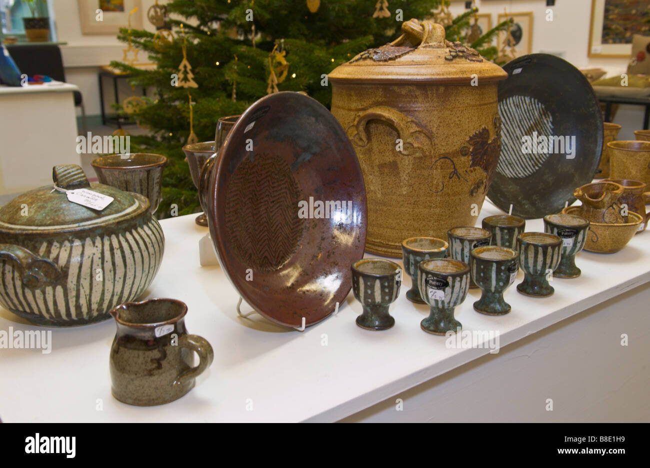 gallery interior. Display of locally made pottery at Crickhowell Resource and Information Centre Powys Wales UK Stock Photo